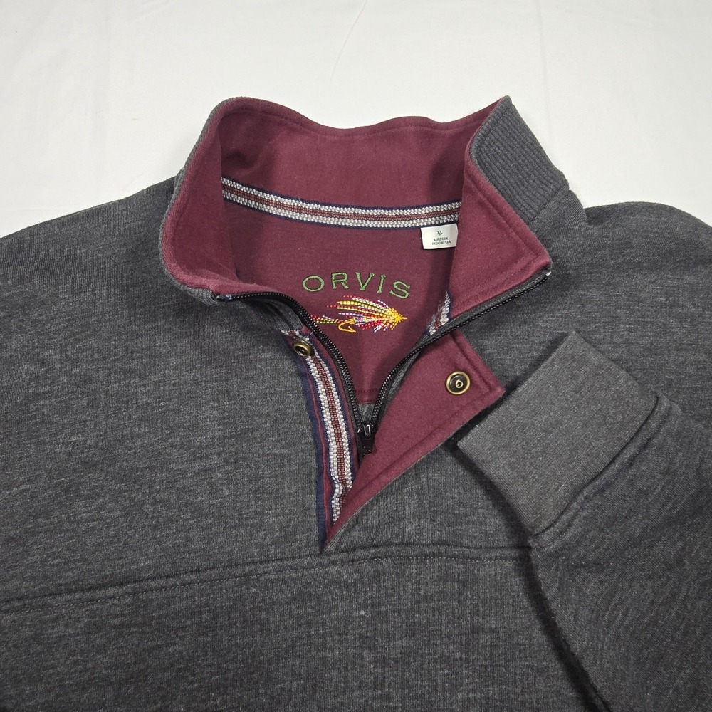 Orvis Mens XL Quarter Zip Pullover Sweatshirt Gray Fly Fishing Logo Mock Neck